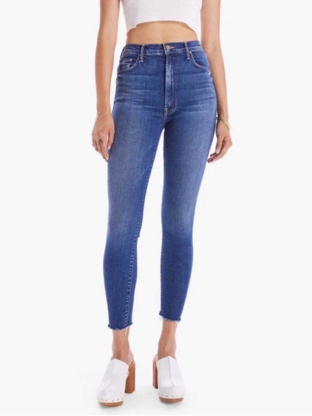 MOTHER High Waisted Ankle Fray Crop Jeans - Light Blue Denim